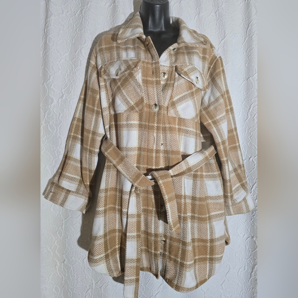 Tan Plaid Shacket Time & Tru Sz. Medium (8-10) Ranch Western Cozy Belted WARM